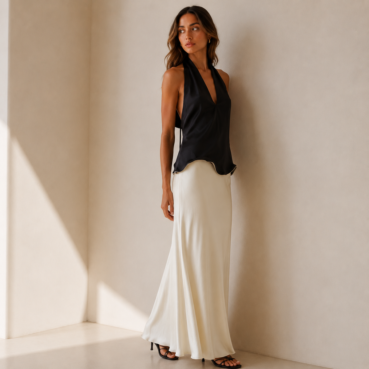 Draped Halter Satin Maxi Dress